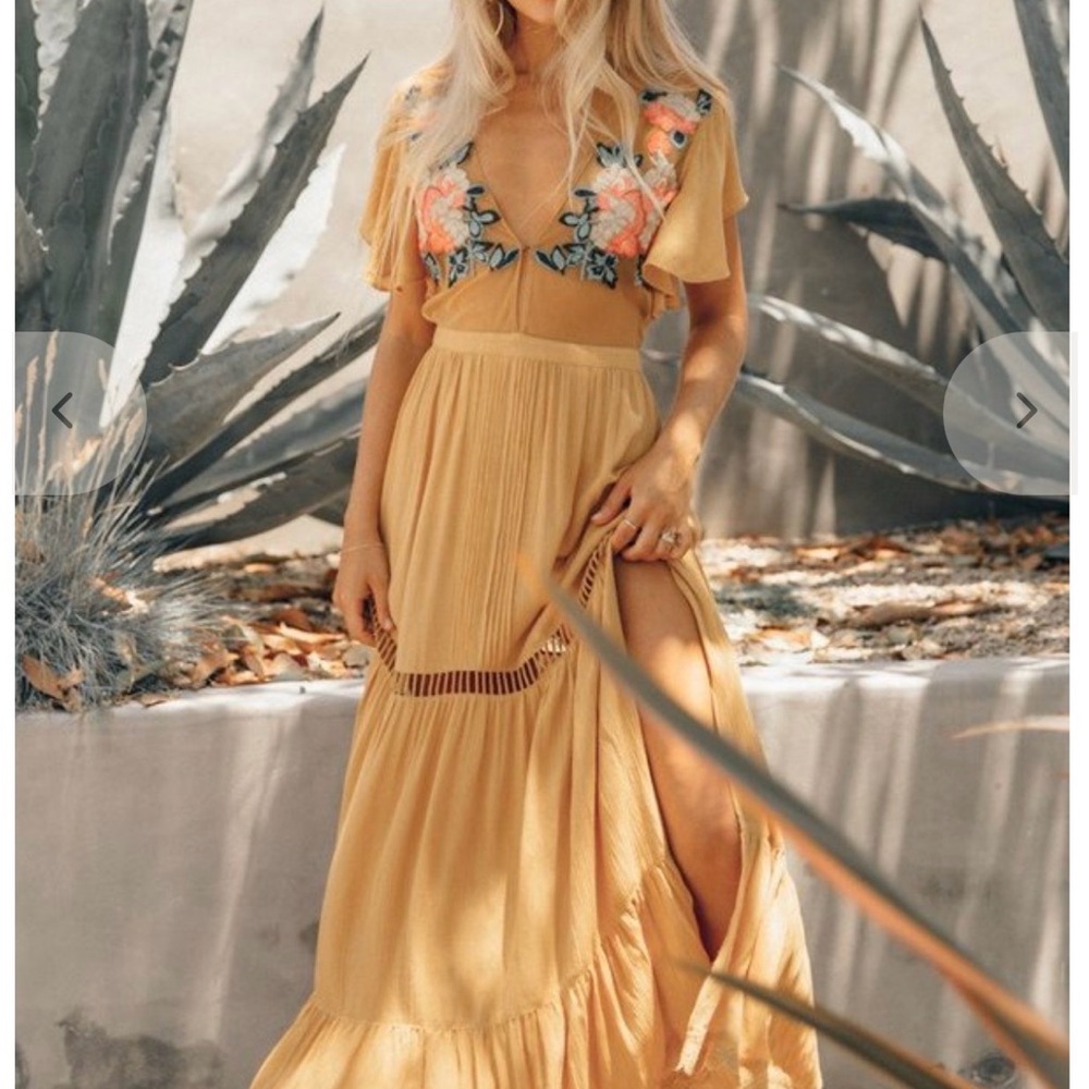Cleobella Amery Floral Embroidered Maxi Dress Mustard Yellow Small NWT